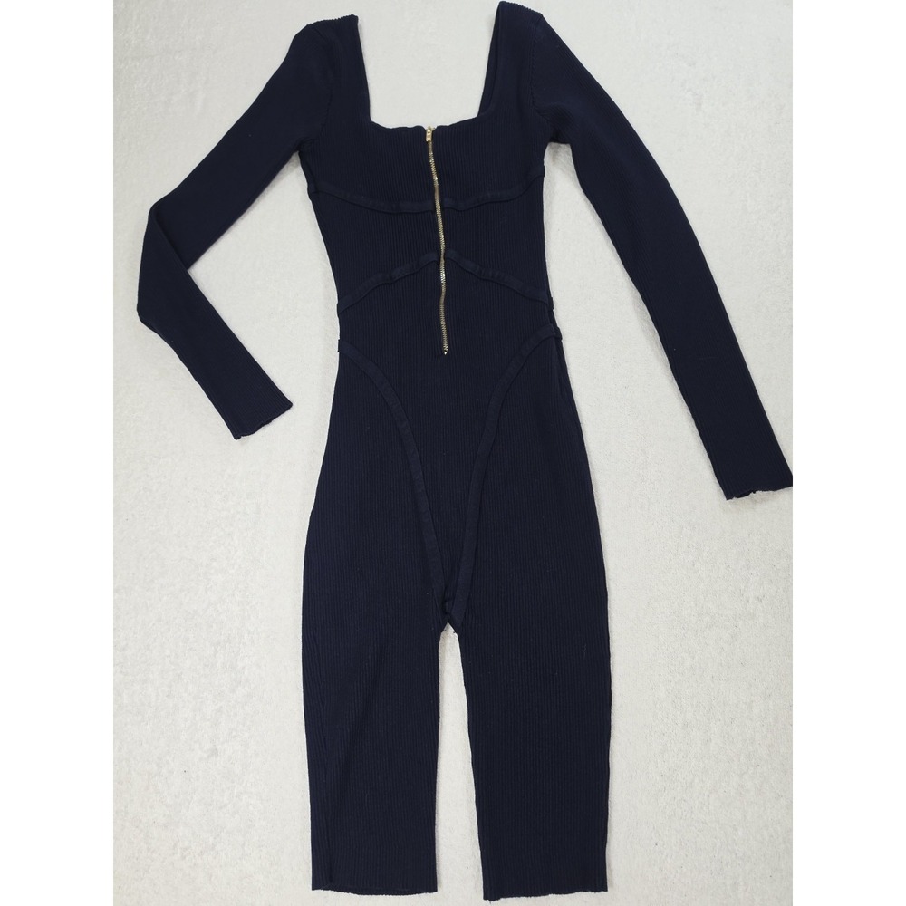 Hera Collection Women's Ribbed Knit Zip Front Jumpsuit Navy Blue Size M